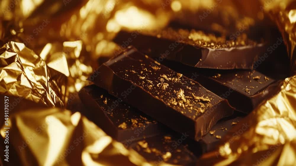 Poster a detailed view of a portion of dark chocolate with a smooth surface and a few imperfections