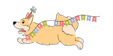 Birthday dog running with garland