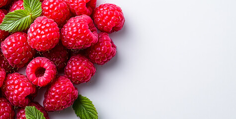 Neatly arranged raspberries and leaves. Juicy red raspberries with vibrant green leaves are displayed beautifully on a clean white background.