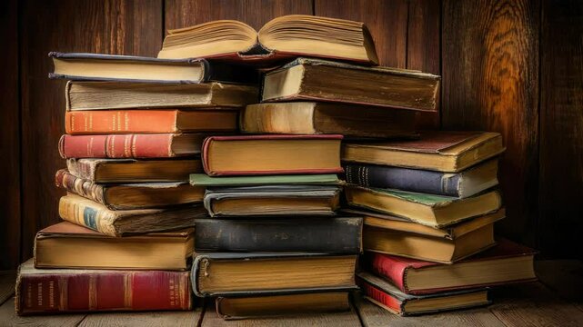 A stack of books on a wooden floor, ideal for office or study settings