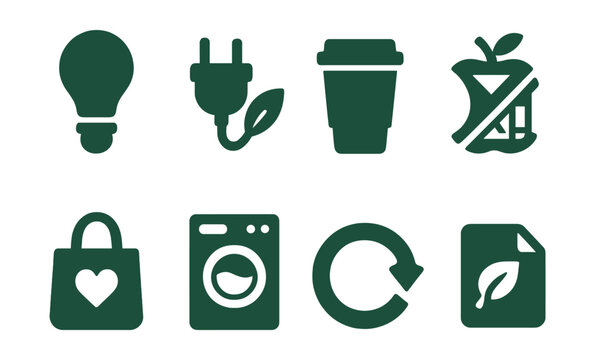 Solid style icons of green habits: turn off light, unplug device icon, bring your own cup, food waste cut, thrift shopping bag, minimal laundry icon, second-hand badge, paperless option.