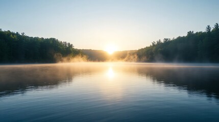 Obraz premium A serene lake is shrouded in mist beneath a vibrant sunrise.