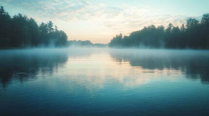 Fototapeta premium A tranquil lake is shrouded in morning fog as the sun rises over its surface.