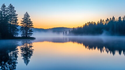 Fototapeta premium A serene lake is shrouded in rising fog beneath a vibrant sunrise.