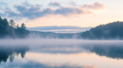 Fototapeta premium A serene lake is shrouded in fog beneath a vibrant sunrise.