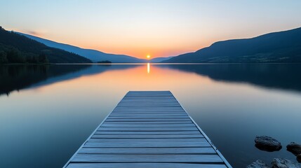 A tranquil lake scene showcases a wooden dock extending into the water.