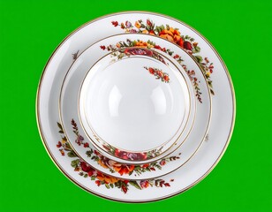 Porcelain dinnerware set featuring vibrant floral patterns and gold trim on a vibrant green background
