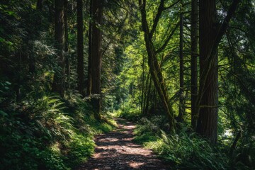 Fototapeta premium Sunlit Forest Path Through Lush Greenery, Ideal for Outdoor Adventure and Nature Getaways, Showcasing Environmental Awareness and Ecotourism : Generative AI