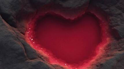 3d rendering of a heart-shaped hole in a dark, rocky surface. the heart is the focal point of the image, with a bright red color that stands out against the dark background.