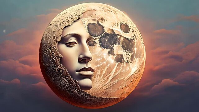 Surreal Moon Goddess with Celestial Face Carvings in a Starry Sky