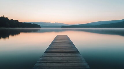 Naklejka premium A tranquil lake with a wooden dock extends into the water in the stock photo.