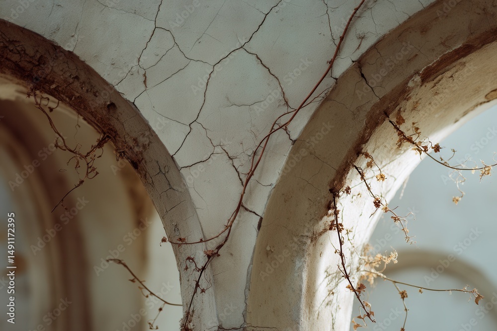 Poster arches with cracks and vines, representing decay and architectural preservation, suitable for travel
