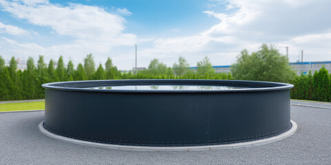 A large circular water tank is situated outdoors, surrounded by trees and a clear sky. Concept: industrial storage, outdoors, nature interaction