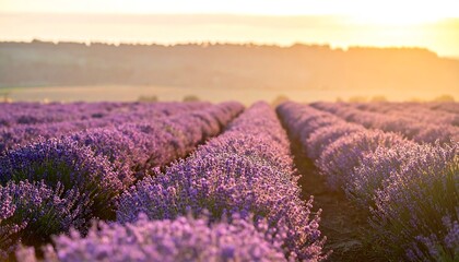 Obraz premium Purple flowers stretch in aligned rows under the glow of warm sunlight over a horizon