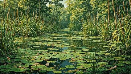 Tranquil wetland scene with lush vegetation serene water surface and dragonflies in a delicate balance of nature
