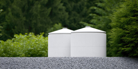 Fototapeta premium White silos stand side by side amidst lush greenery and gravel in an outdoor setting. Industrial, natural contrast