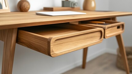 Close-up view of a light wooden desk with drawers.