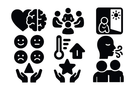 Solid style icons of social-emotional learning: heart and brain icon, group circle, calming corner, emotion faces, self-regulation chart, mindfulness breath, kindness star, peer support.