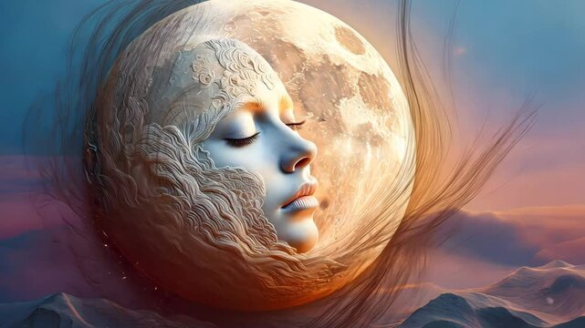 Enchanted Moon Sculpture with Feminine Features and Mystical Atmosphere