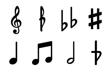 Solid style icons of musical notation: treble clef, bass clef, quarter note, eighth note, rest symbol, time signature, sharp sign, flat symbol.