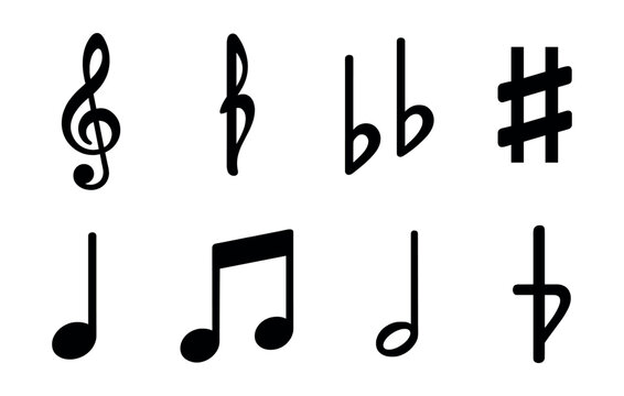 Solid style icons of musical notation: treble clef, bass clef, quarter note, eighth note, rest symbol, time signature, sharp sign, flat symbol.