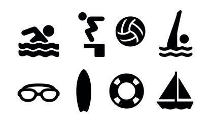 Solid style icons of aquatic sports: swimmer icon, diving board, water polo ball, synchronized swim pose, swimming goggles, surfboard, lifebuoy, sailboat icon.