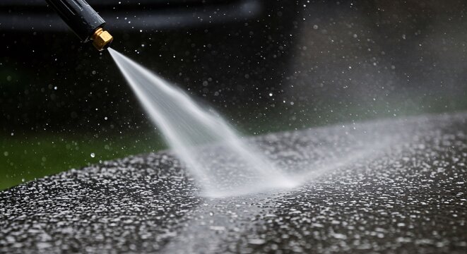 Close up of a power washer cleaning a surface with high pressure water spray outdoors