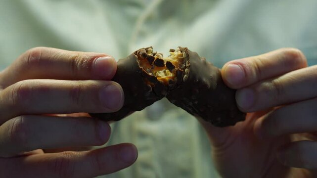 A man breaks a chocolate bar with caramel in front of the camera close-up.
The crunch of a wafer in chocolate.
A chocolate wafer breaks and crunches in hands