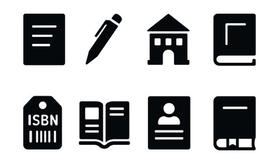 Solid style icons of book publishing: manuscript icon, editing pen, publishing house, book cover, ISBN tag, layout spread, author bio, advance copy.