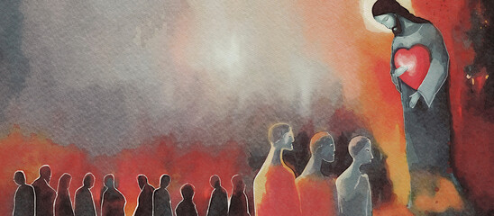 Merciful Jesus with Sacred Heart. Divine Mercy Watercolor Illustration