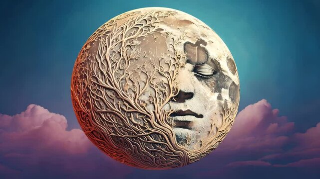 Celestial Moon Face Merged with Nature and Stars in Ethereal Setting