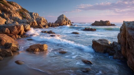 Rocky Coastline at Sunset With Waves Crashing, Showcasing Natural Beauty and Coastal Tourism, Promoting Relaxation and Vacation Getaways : Generative AI