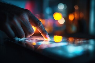 Finger Tapping on Illuminated Tablet Screen at Night, Representing Digital Transformation and Technological Innovation : Generative AI