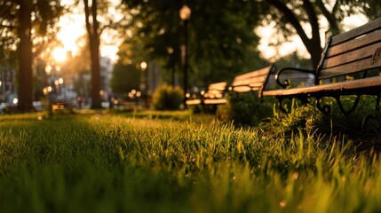 Obraz premium Park Benches at Sunset in Golden Hour, Representing Urban Serenity and Outdoor Recreation, Suitable for City Tourism and Community Engagement Campaigns : Generative AI