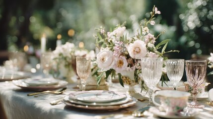 Fototapeta premium Elegant Table Setting With Floral Centerpiece, Representing Luxury Lifestyle and Hospitality Industry : Generative AI