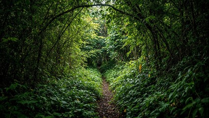 Obraz premium Explore the mysterious depths of nature with this captivating image of a lush jungle trail enveloped in a canopy of vibrant green foliage