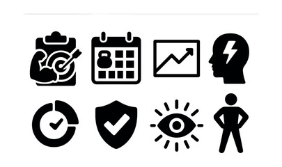 Solid style icons of sports motivation: workout goal, training calendar, performance chart, strong mindset icon, progress tracker, consistency badge, focus icon, power pose.