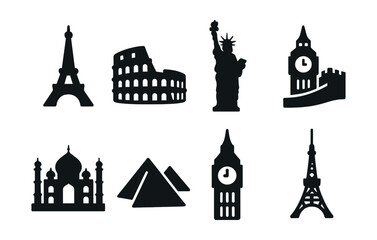 Solid style icons of world landmarks: Eiffel Tower, Colosseum, Statue of Liberty, Great Wall, Taj Mahal, Pyramids of Giza, Big Ben, Tokyo Tower.