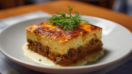 Slice of lasagna on a white plate. the lasagna is golden brown and has a layer of melted cheese on top. the cheese appears to be a creamy white color and is drizzled over the top of the lasagna.