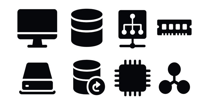 Solid style icons of virtual infrastructure: compute instance, virtual disk, network interface, memory allocation, hypervisor icon, disk snapshot, vCPU symbol, resource pool.