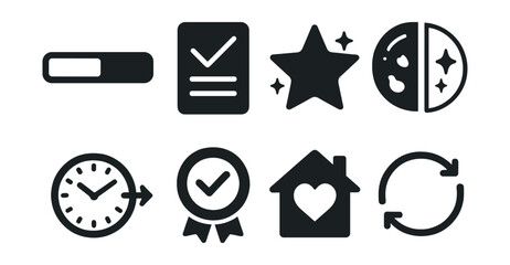 Solid style icons of cleaning motivation and reward: progress bar, checklist tick, clean zone star, before and after icon, time saved, tidy space badge, clean home heart, habit loop.