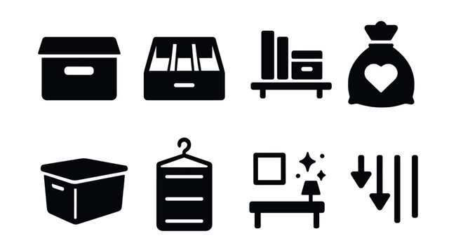 Solid style icons of organization and decluttering: labeled box, drawer divider, tidy shelf, donation bag, storage bin, hanging organizer, clutter-free space, sort icon.