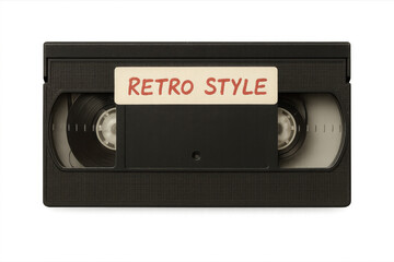 Vintage black vhs cassette tape with faded label, resting against transparent backdrop, symbolizing analog entertainment era