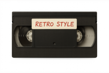 Vintage black vhs cassette tape with faded label, resting against transparent backdrop, symbolizing analog entertainment era