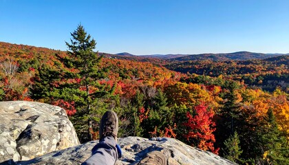 Fototapeta premium Relaxing vista Autumn landscape from a rocky peak, with vibrant foliage under a clear sky