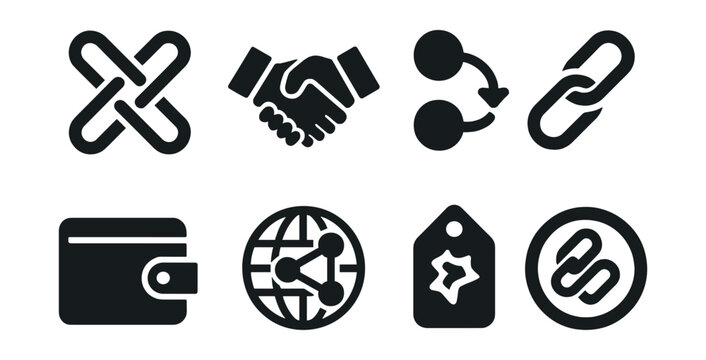Solid style icons of interoperability protocols: cross-chain standard, protocol handshake, data relay, bridge connector, unified wallet, global ledger icon, meta-network tag, multi-chain badge.
