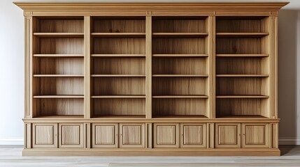Large, empty wooden bookcase against a light wall.