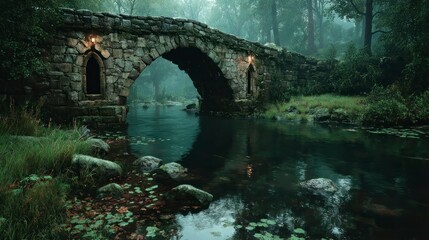 Enchanted Forest Bridge Over Serene River Mystical Landscape with Ancient Stone Archway and Lu