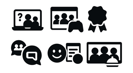 Solid style icons of virtual team bonding: team trivia, game time icon, fun badge, shared playlist, casual chat, celebration emoji, off-topic channel, virtual lunch.