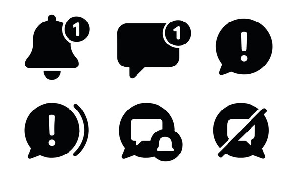 Solid style icons of notification and alert bubbles: message alert bell, red badge bubble, new message icon, priority bubble, bubble with exclamation mark, urgent message ring, muted chat icon,